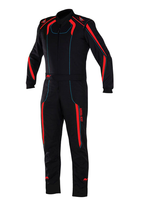 Aurora 1.0 SFI 3.2A/1 Single Layer Fire Suit Black/Red with Blue Stitch