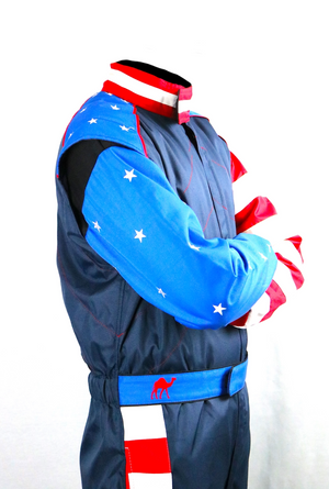 Blue and red firesuit